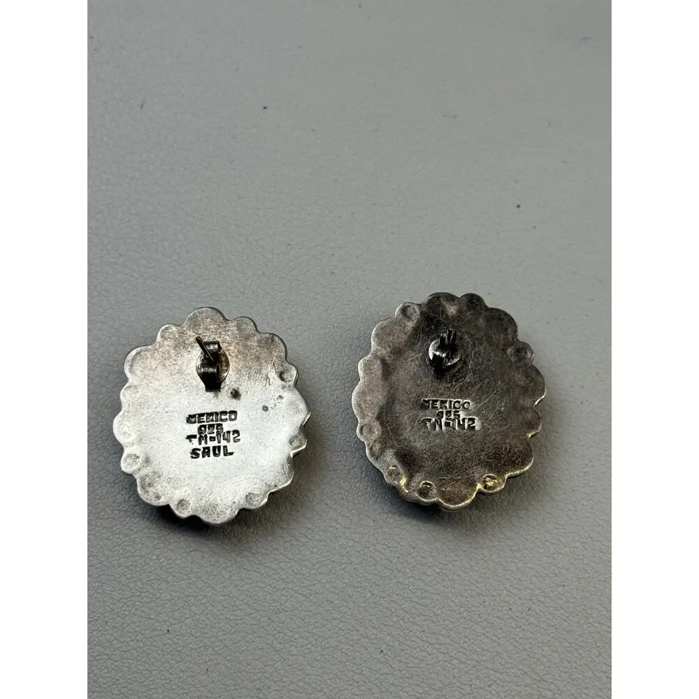 SAUL TM-142 Sterling Silver Pierced Earrings Mexico Vintage Lapis (posts not ss)